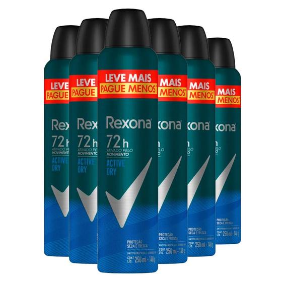 Imagem de Kit Desodorante Antitranspirante Aerosol Rexona Active Dry 72 horas 250ml - 6 Unidades