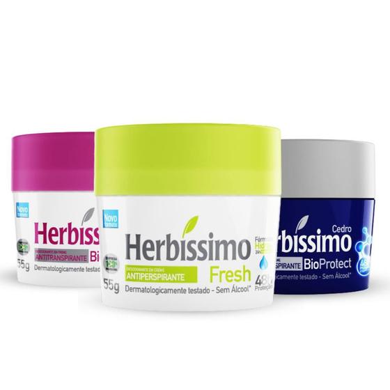 Imagem de Kit Desodorante Creme Antitranspirante Herbissimo 55G Fresh, Hibisco e Cedro - 3 unidades