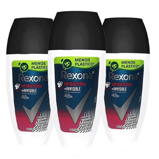 Imagem de Kit Desodorante Roll On Rexona Men Antibacterial Invisible 50ml - 3 Unidades