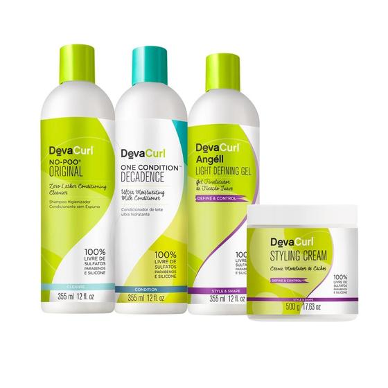 Imagem de Kit Deva Curl No Poo Shampoo 355ml, Condicionador 355ml, Leave-in 355ml, Creme 500g