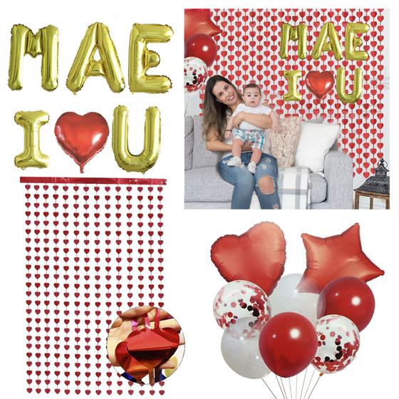 Imagem de Kit Dia Das Mães Balão Metalizado Letra Mãe I Love You Buque Cortina  Aniversário Presente Mãe Decoração Festa