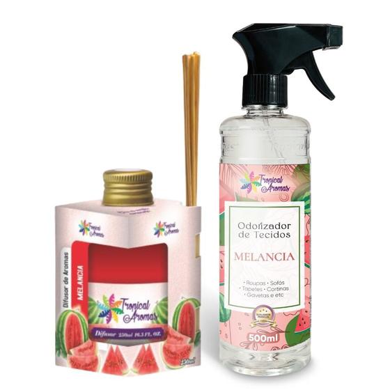 Imagem de Kit Difusor de Ambiente + Odorizador Para Tecidos Spray/Borrifador Melancia Tropical Aromas