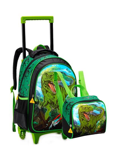 Imagem de Kit Dinossauro Verde Mochila Rodas Costas + Lancheira