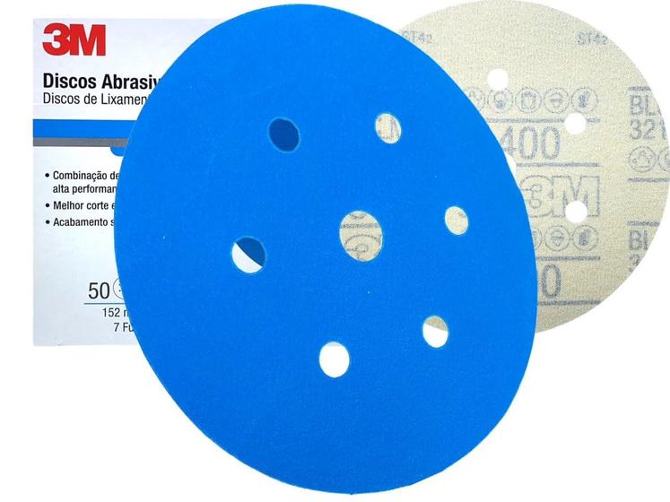 Imagem de Kit Disco Hookit Lixamento A Seco Abrasivo 3M Blue 321U Grão 400 7 Furos 50 Unidades