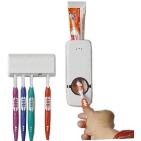 Kit dispenser automático para pasta de dente + suporte de escova + 5 escovas dental Menor preço em Kit dispenser automático para pasta de dente + suporte de escova + 5 escovas dental