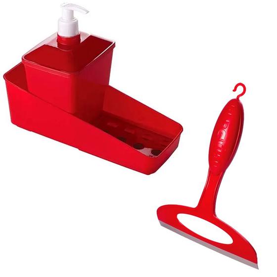 Imagem de Kit Dispenser Detergente Porta Bucha Pia Rodinho Vermelho Para Cozinha Limpeza