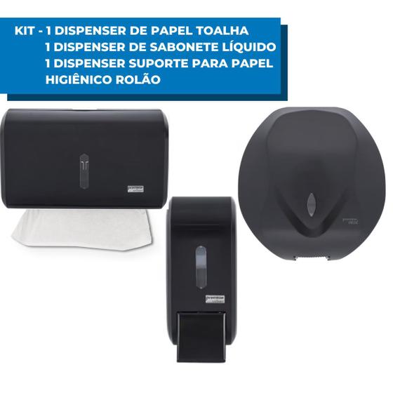 Imagem de Kit Dispenser Papel Higiênico Rolão + Saboneteira Sabonete Liquido Alcool Gel + Suporte Papel Toalha Interfolha Parede