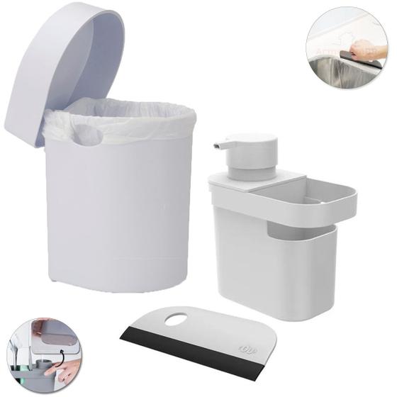 Imagem de Kit Dispenser Porta Detergente Lixeira 3,5 Litros Rodo Compacto Pia Cozinha Branco - Ou