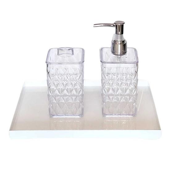 Imagem de Kit dispenser sabonete líquido porta cotonete com tampa cristal bandeja lavabo decorar pia banheiro