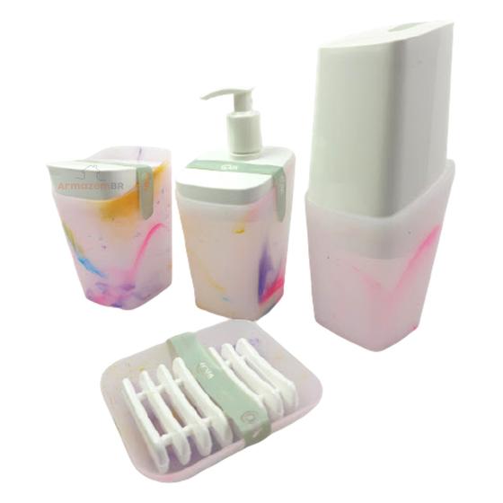 Imagem de Kit Dispenser Sabonete Saboneteira Porta Escova Dente Algodão Banheiro Square Tie Dye - 99231 Coza