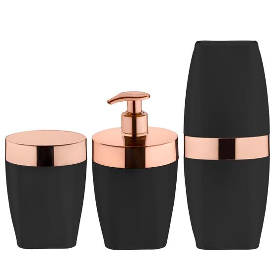 Imagem de Kit Dispenser Sabonete Suporte Escova Dente Porta Algodão Banheiro Preto Rose Gold - Future