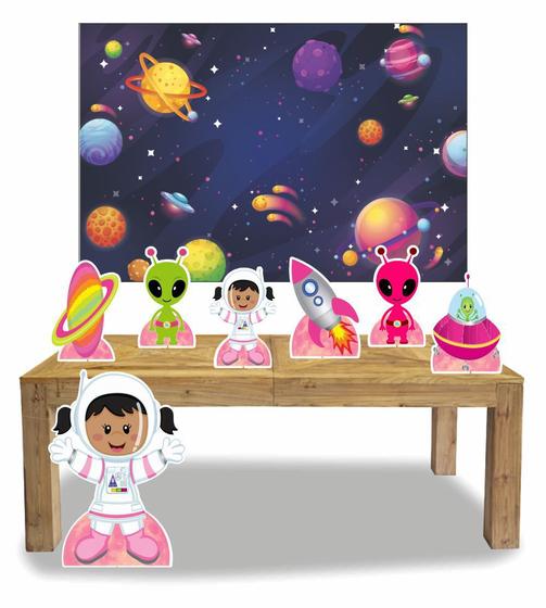 Imagem de Kit Display Menina Astronauta Morena Com 7 Peças + Painel
