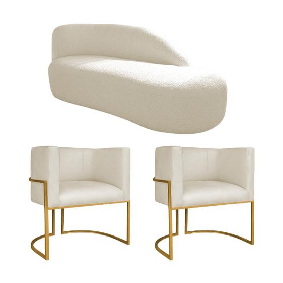 Imagem de Kit Divã Luna 185cm Lado Direito e 02 Poltronas Base de Ferro Dourado Linho