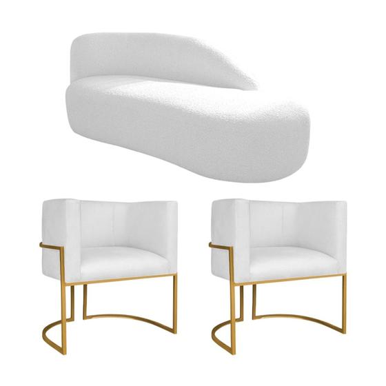 Imagem de Kit Divã Luna 185cm Lado Direito e 02 Poltronas Base de Ferro Dourado Suede Branco