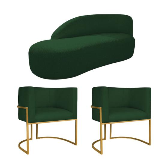 Imagem de Kit Divã Luna 185cm Lado Esquerdo e 02 Poltronas Base de Ferro Dourado Suede