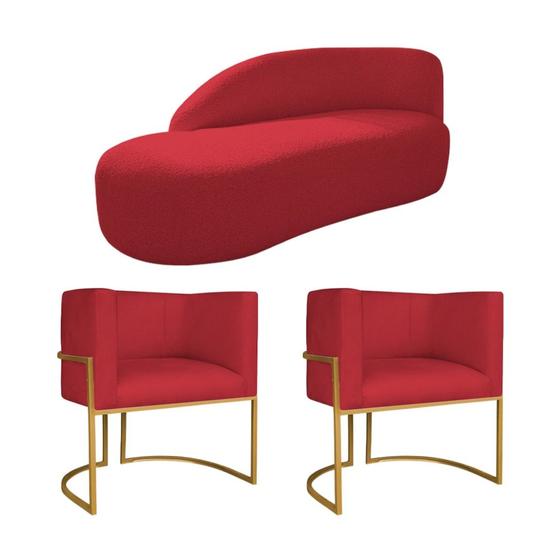 Imagem de Kit Divã Luna 185cm Lado Esquerdo e 02 Poltronas Base de Ferro Dourado Suede Vermelho