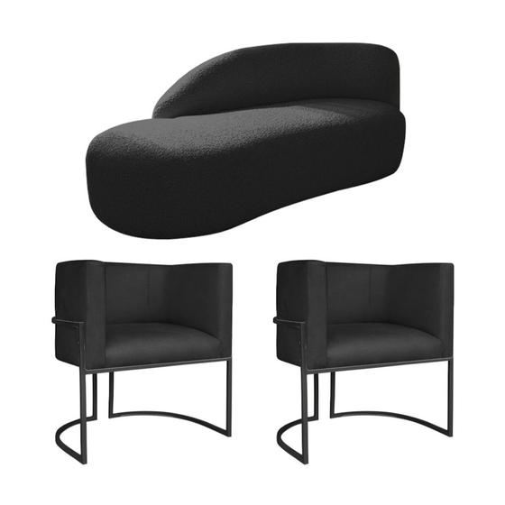 Imagem de Kit Divã Luna 185cm Lado Esquerdo e 02 Poltronas Base de Ferro Preto Suede Preto