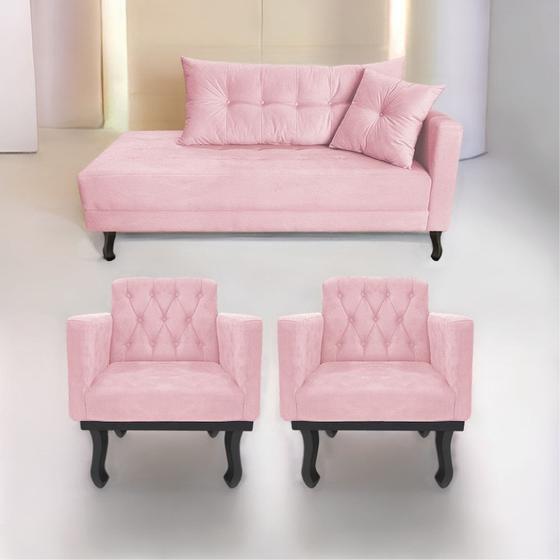 Imagem de Kit Diva Recamier Azura 160cm Lado Esquerdo e 02 Poltronas Classic Suede Rosa Bebê - Amarena Móveis