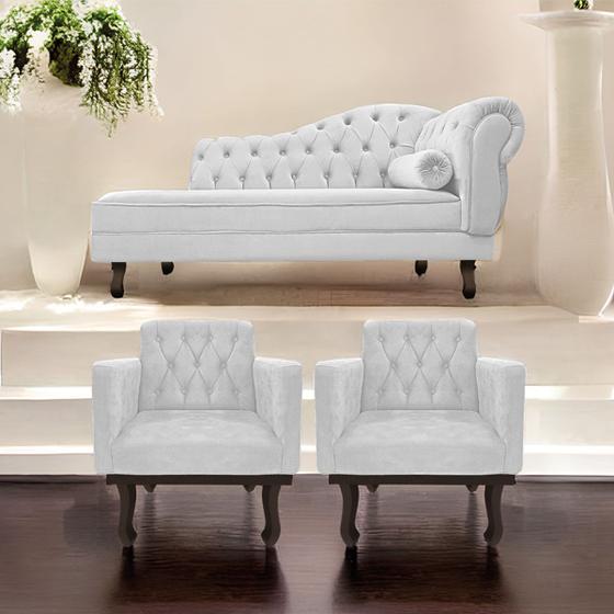 Imagem de Kit Diva Recamier Diana 140cm Lado Esquerdo e 02 Poltronas Classic Suede - Doce Sonho Móveis