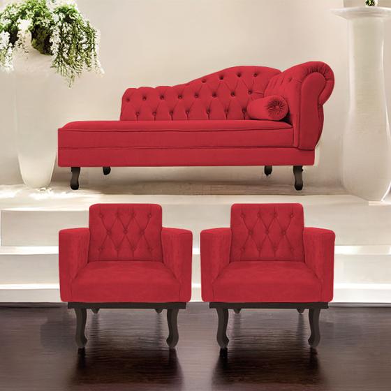 Imagem de Kit Diva Recamier Diana 140cm Lado Esquerdo e 02 Poltronas Classic Suede - Doce Sonho Móveis