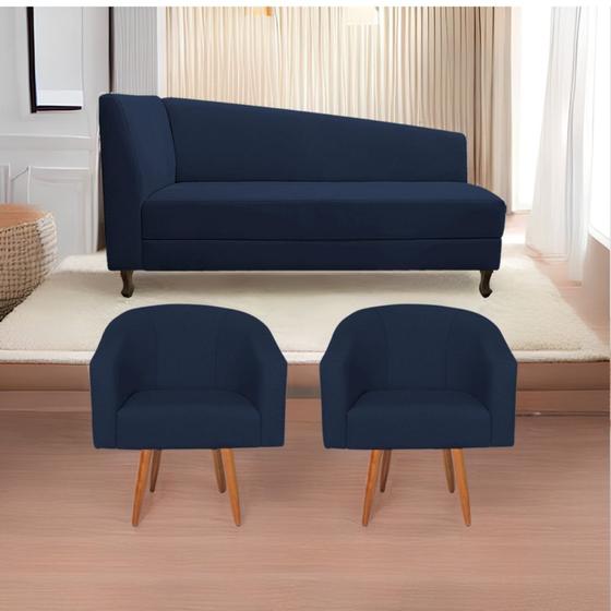 Imagem de Kit Diva Recamier Heitor 140cm Lado Direito e 02 Poltronas Luiza Suede Azul Marinho - Amarena Móveis