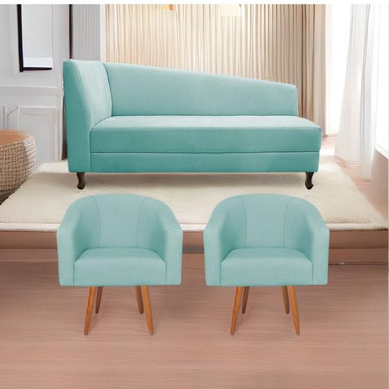 Imagem de Kit Diva Recamier Heitor 160cm Lado Direito e 02 Poltronas Luiza Suede Azul Tiffany - Amarena Móveis