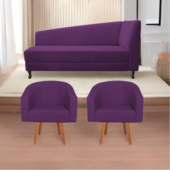 Imagem de Kit Diva Recamier Heitor 185cm Lado Esquerdo e 02 Poltronas Luiza Suede Roxo - Amarena Móveis