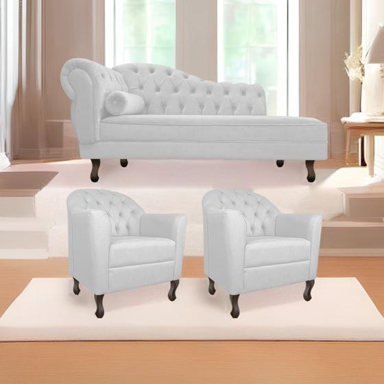 Imagem de Kit Diva Recamier Juliana 130cm Lado Direito e 02 Poltronas Julia Suede Branco - Amarena Móveis