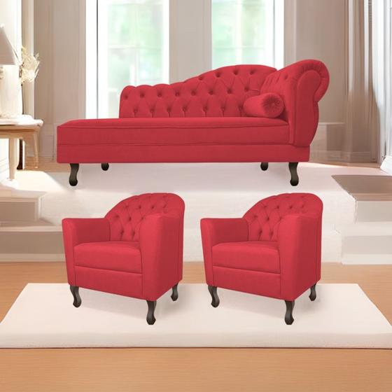 Imagem de Kit Diva Recamier Juliana 130cm Lado Esquerdo e 02 Poltronas Julia Suede Vermelho - Amarena Móveis