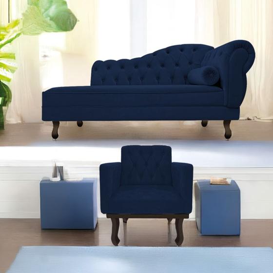Imagem de Kit Diva Recamier Juliana 140cm Lado Esquerdo e 01 Poltrona Classic Suede Azul Marinho - Amarena Móveis