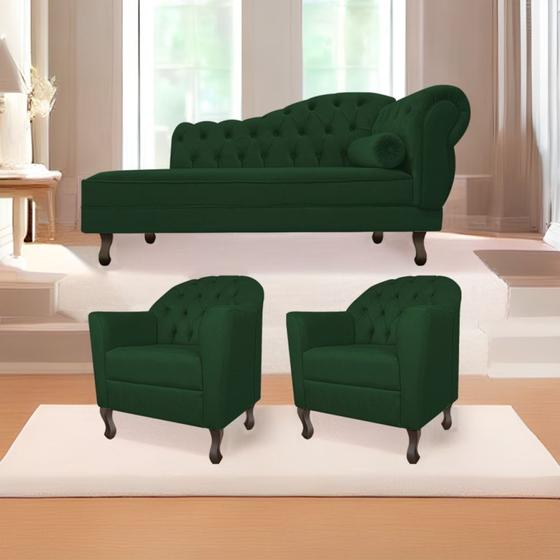 Imagem de Kit Diva Recamier Juliana 140cm Lado Esquerdo e 02 Poltronas Julia Suede Verde - Amarena Móveis