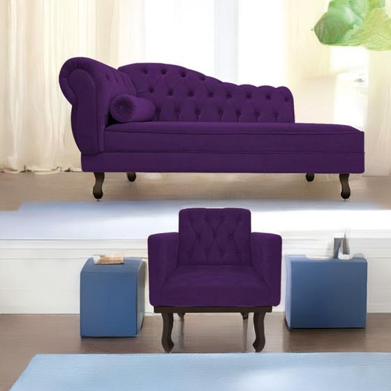 Imagem de Kit Diva Recamier Juliana 160cm Lado Direito e 01 Poltrona Classic Suede Roxo - Amarena Móveis