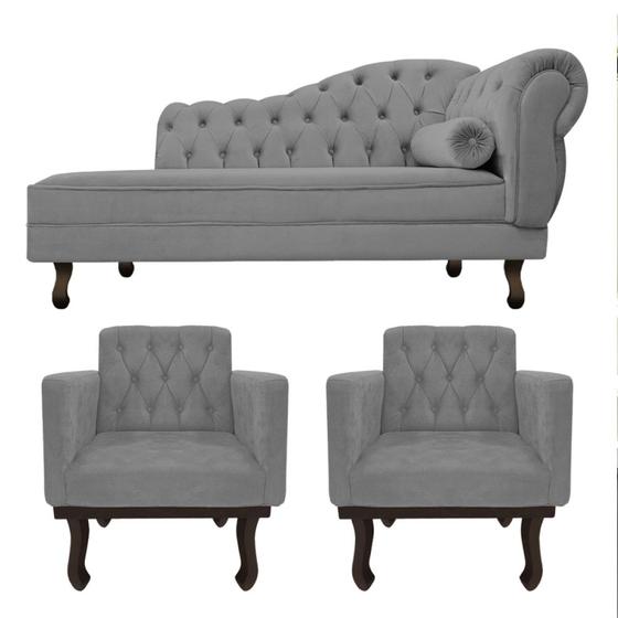 Imagem de Kit Diva Recamier Juliana 160cm Lado Esquerdo e 02 Poltronas Classic Suede Cinza - Amarena Móveis