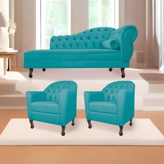 Imagem de Kit Diva Recamier Juliana 160cm Lado Esquerdo e 02 Poltronas Julia Suede Azul Turquesa - Amarena Móveis