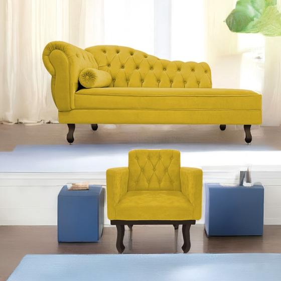 Imagem de Kit Diva Recamier Juliana130cm Lado Direito e 01 Poltrona Classic Suede Amarelo - Amarena Móveis