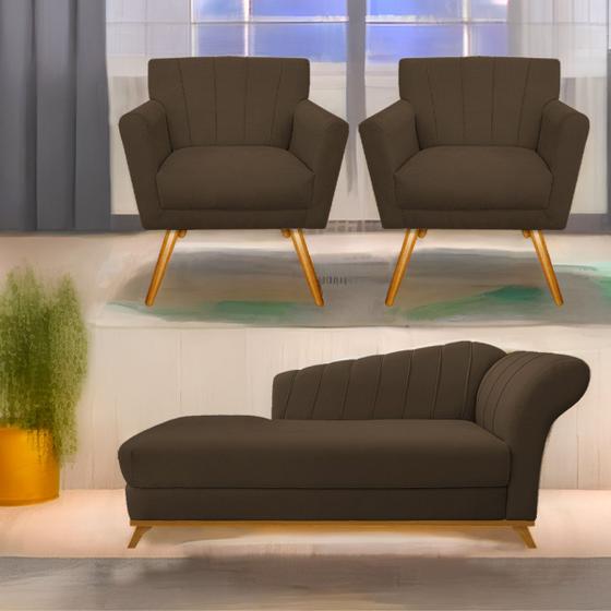 Imagem de Kit Diva Recamier Vanessa 185cm Lado Esquerdo e 02 Poltronas Laura Suede - Doce Sonho Móveis