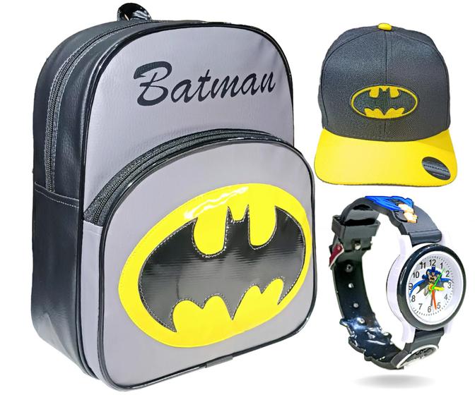 Imagem de Kit do homem aranha batman capitão américa infantil mochila relógio e boné