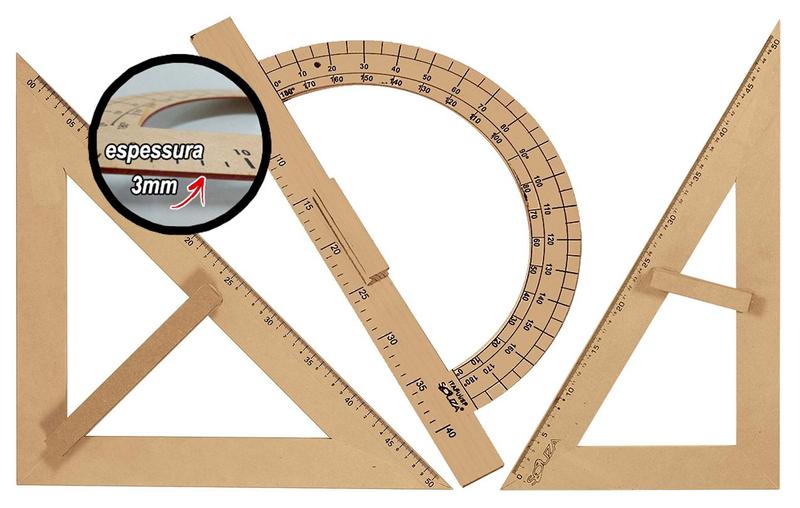 Imagem de KIT do Professor Em MDF Com Esquadros 1 Com 45 Graus e 1 Com 30/60 Graus e 1 Transferidor 180º Graus