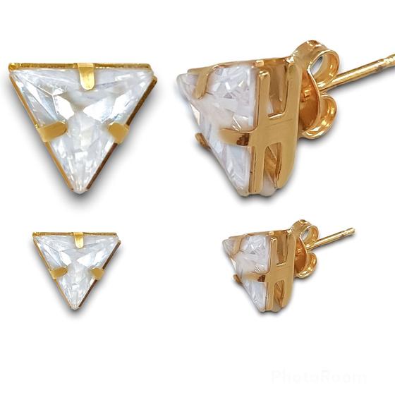 Imagem de Kit Dois Brincos Primeiro Segundo Furo Triangulo de Zirconia Banhado Ouro 18k 