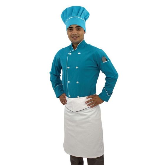 Imagem de Kit Dólmã Chapéu e Avental Chef de Cozinha Azul Turquesa