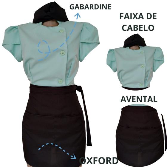 Imagem de Kit Dolma Chef Feminino Acqua com Avental de Cintura e Faixa de Cabelo Preto Manga Curta Confeitaria