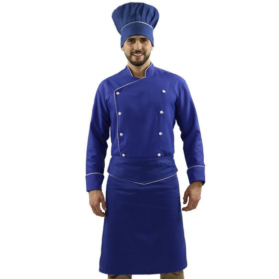 Imagem de Kit Dólmã de Chef Chapéu Avental Cozinheiro - Azul