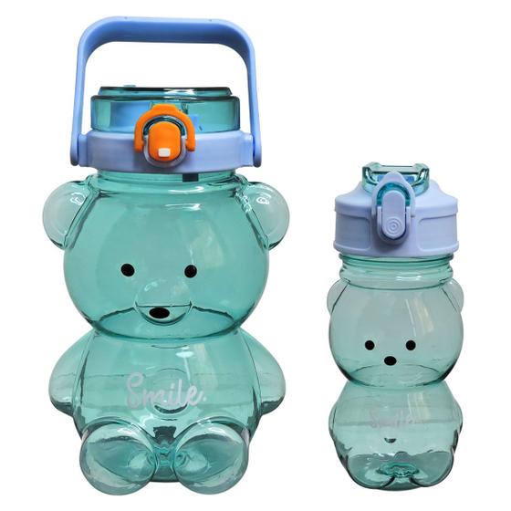 Imagem de Kit Duas Garrafas De Água Squeeze Personalizada Para Passeio Com Urso Alça Botão Adesivos 