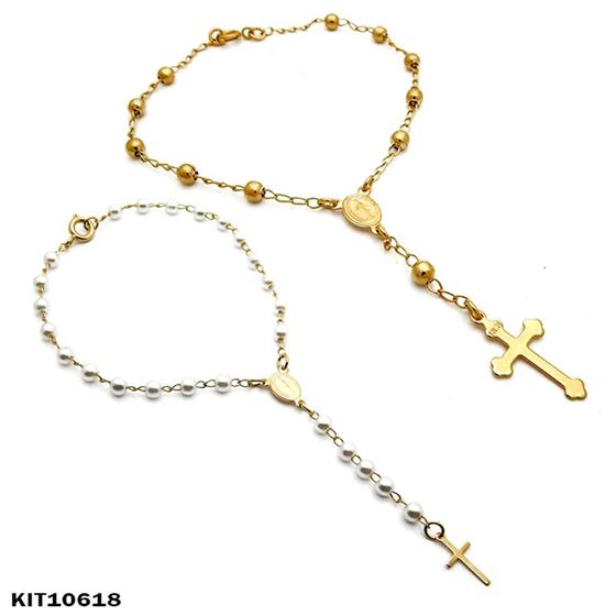 Imagem de Kit Duas Pulseiras Terço Banhadas Ouro 18 k -KIT10618