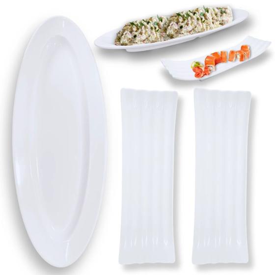 Imagem de Kit Duas Travessas Ovais 60 Cm + 2 Pratos Retangulares 36 Cm Buffet Sushi Restaurante Melamina Profissional  Bestfer 