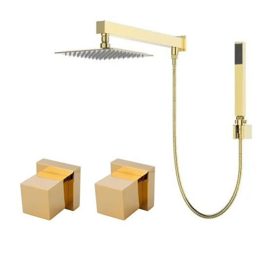 Imagem de Kit Ducha Chuveiro Slim Prizi Quadrado 20x20cm Inox 304 Dourada com Braço e Desviador + Acabamento de Registro para Chuveiro Dourado  Prizi