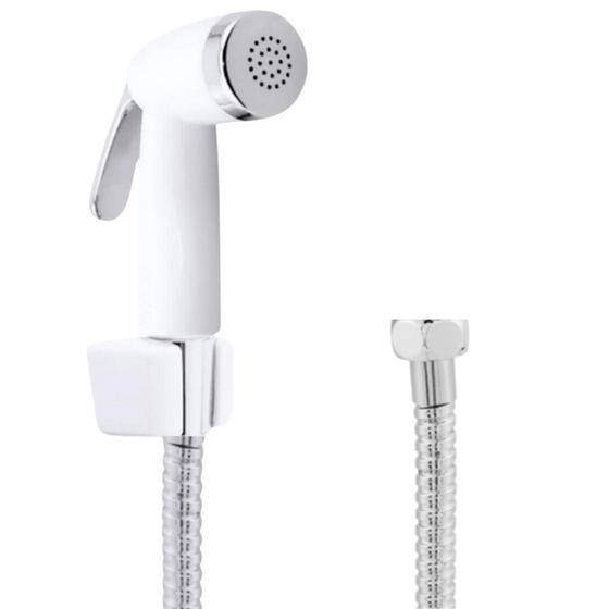 Imagem de Kit Ducha Higiênica Engate Flexível Aço Inox 2 Metros + Gatilho Top Branco + Suporte De Parede