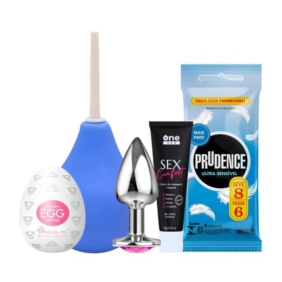 Imagem de Kit Ducha Higiênica + Gel Lubrificante Sex Comfort + Preservativo Prudence + Plug Anal P + Egg Masturbador