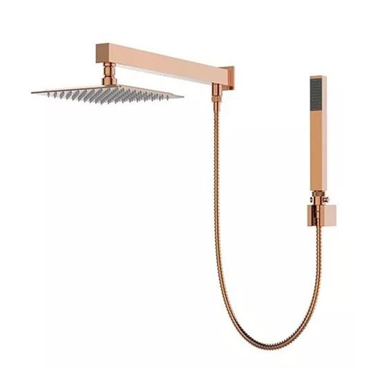 Imagem de Kit Ducha Inox 20cm + Braco De Parede Quadrado Com Desviador Rosa Gold Dc-7017rg - Luuk Young