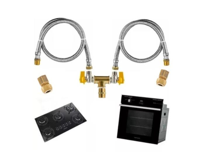 Imagem de Kit Duplo Mangueira Gás 1,2mt Inox Regulado 2k Cooktop Forno